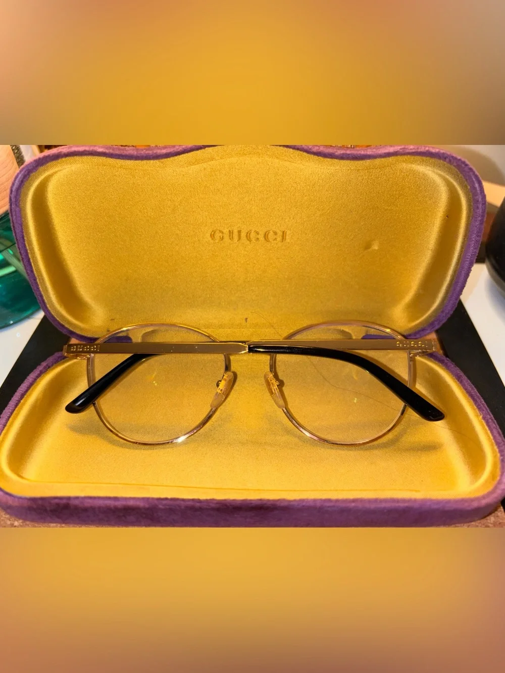 Gucci Gold Round Metal Frame Glasses with Black Temples